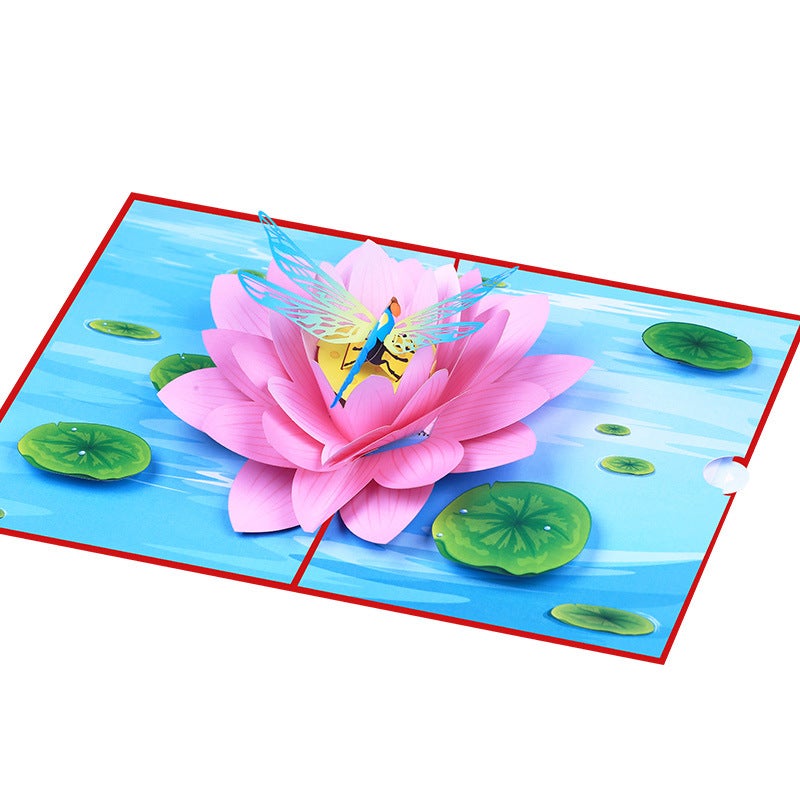 Color Printing Small Fresh 3D Lotus Dragonfly Stereo Greeting Card Pop-Up Holiday Paper Carving Thanksgiving Blessing Message Card - Image 4
